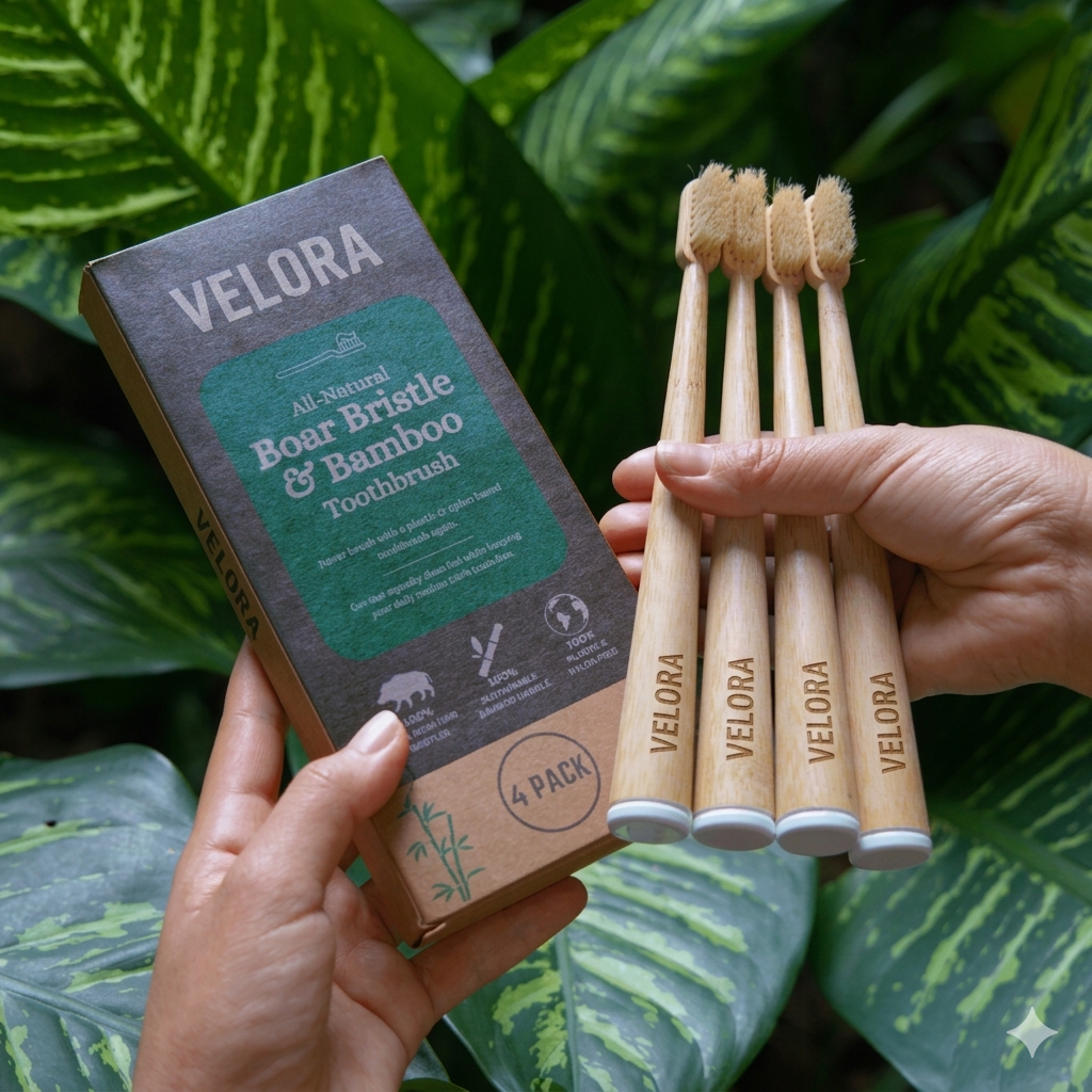 Velora Boar Bristle & Bamboo Toothbrush (4 Pack)