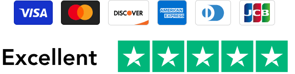 Visa, Mastercard, Discover, American Express, Diners Club, JCB. Excellent on Trustpilot